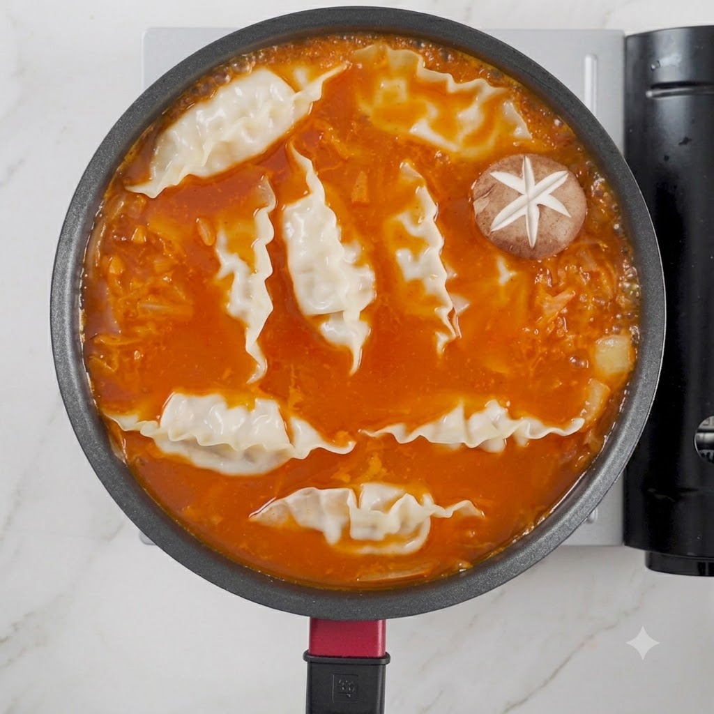 Des champignons shiitakes aux motifs sculptés disposés soigneusement sur le dessus de la soupe.
