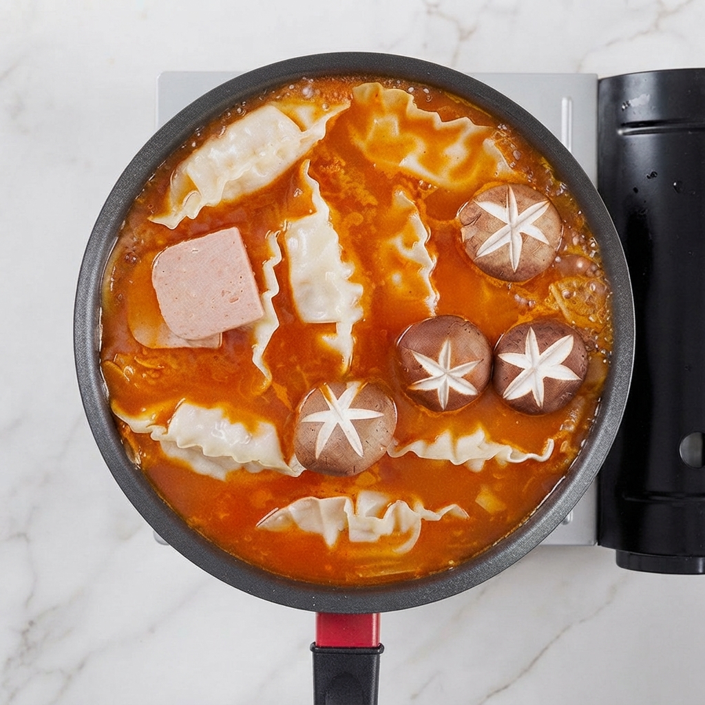 Vue du dessus de dumplings, de luncheon meat et de champignons shiitakes disposés dans une poêle de soupe au kimchi bouillonnante.