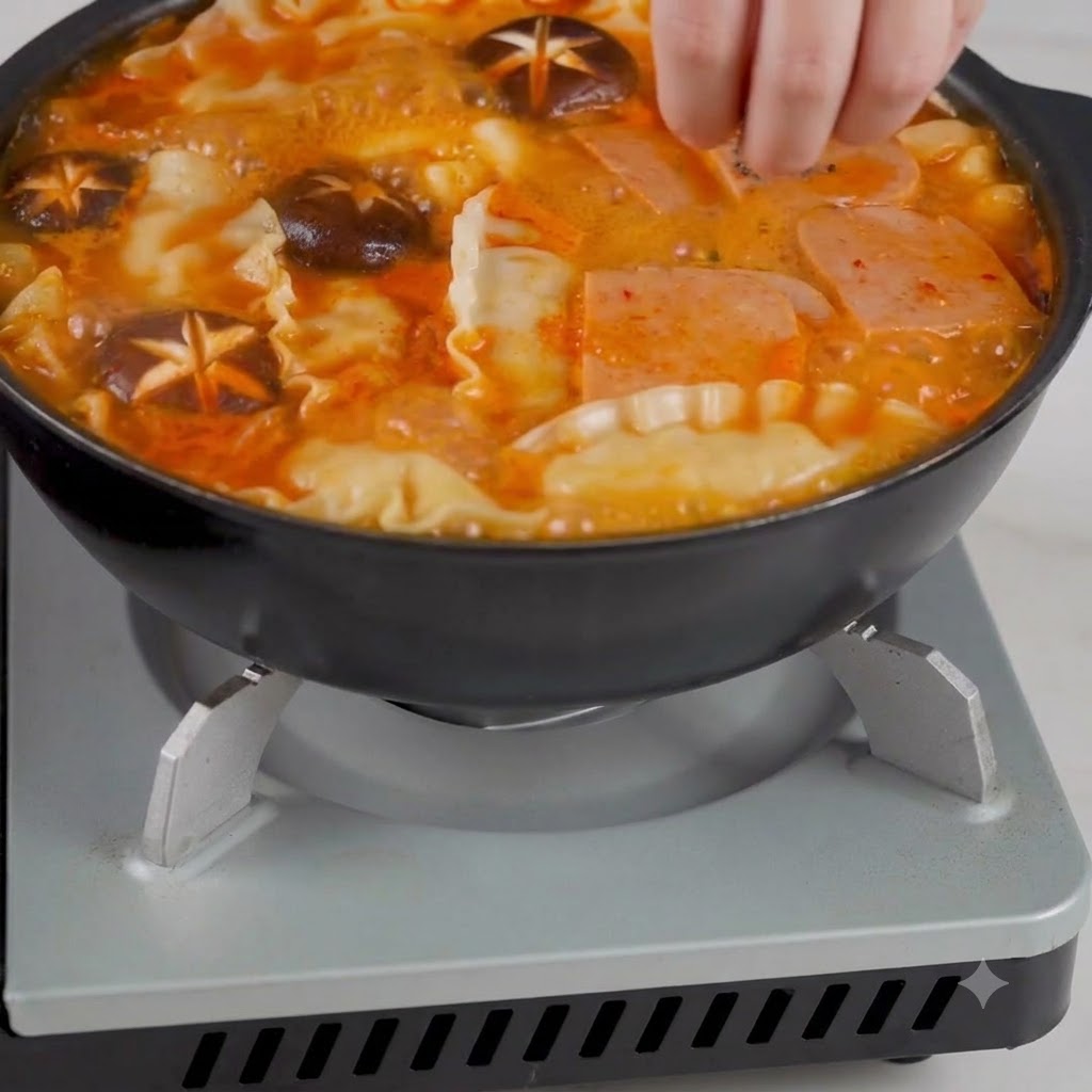 Une main saupoudrant des graines de sésame et des oignons verts hachés sur une poêle bouillante de soupe coréenne au kimchi.