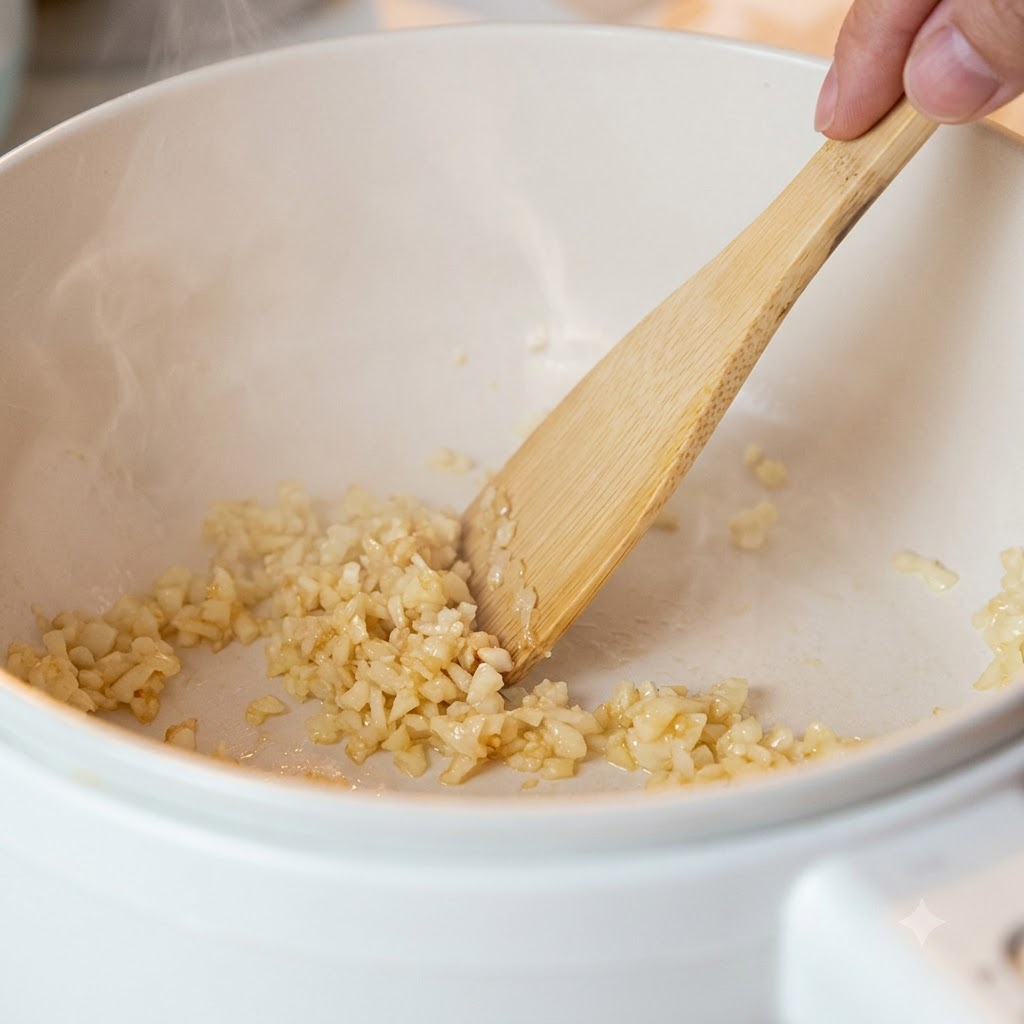 De lail émincé qui frit dans une casserole blanche et est remué par une spatule en bois.