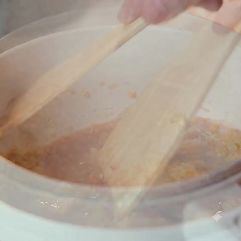 Du kimchi haché mélangé dans la casserole à laide de spatules en bois.