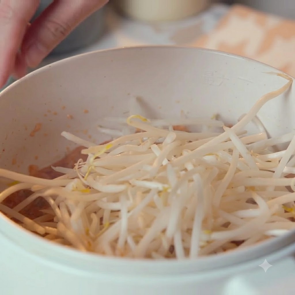 Une poignée de pousses de soja fraîches empilées sur le kimchi dans la casserole.