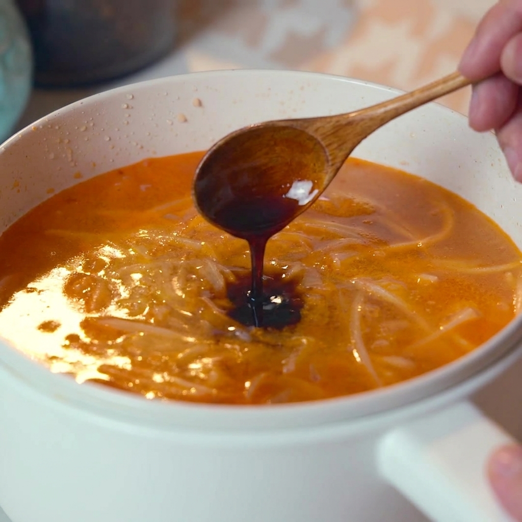 De la sauce soja versée avec une cuillère en bois dans la base de soupe orange frémissante.