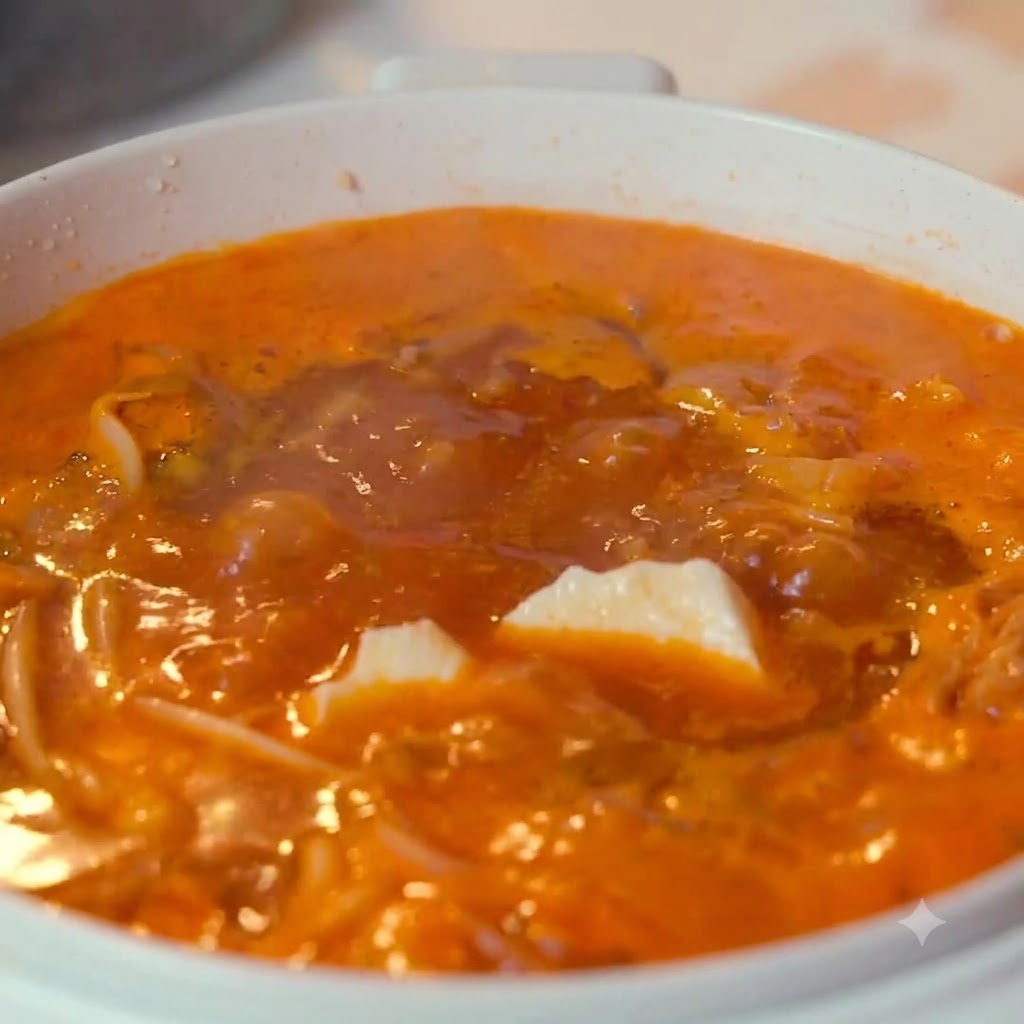 Des morceaux de tofu soyeux flottant dans la soupe orange frémissante.