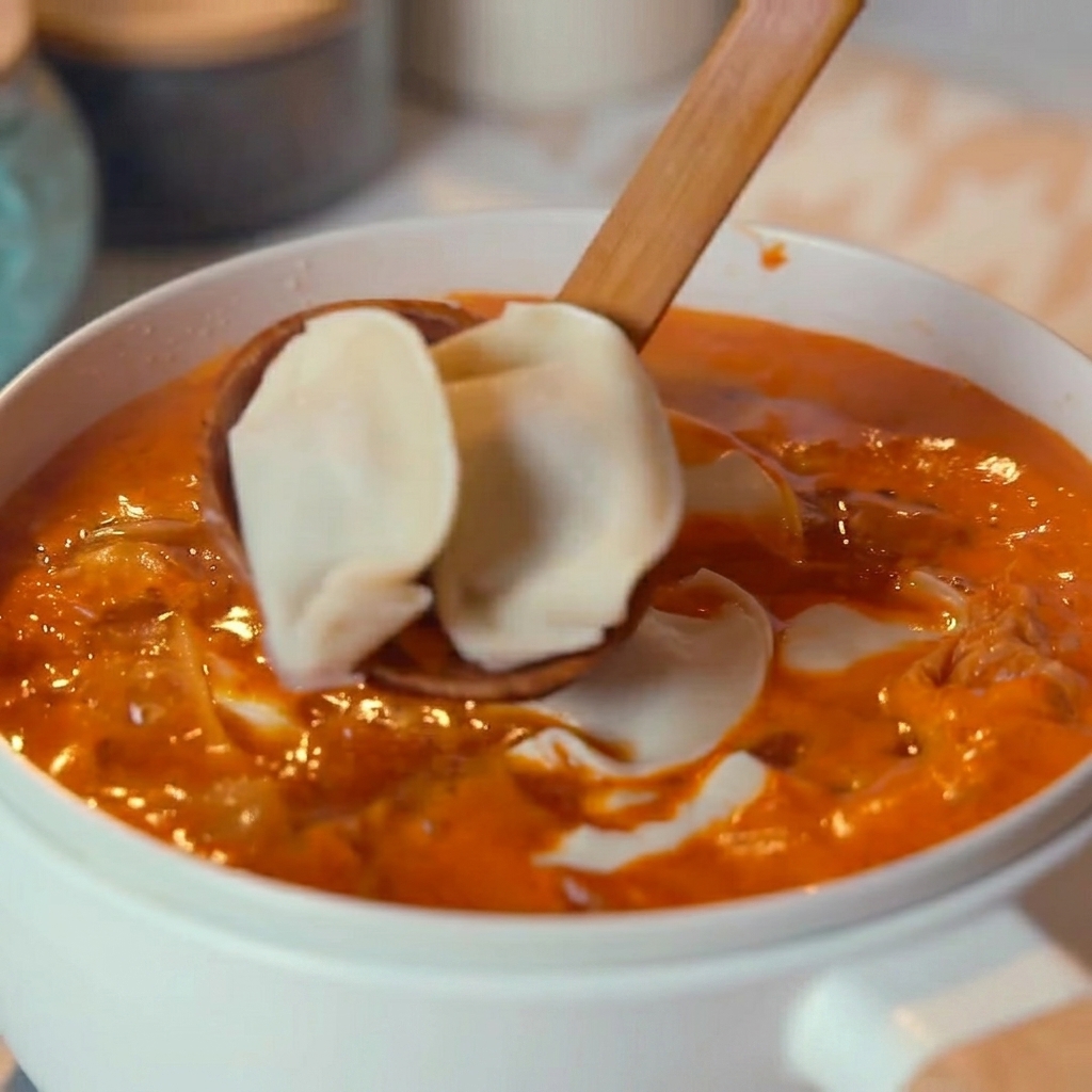 Une cuillère en bois soulevant deux raviolis frais au-dessus dune casserole de soupe au kimchi rouge fumante.