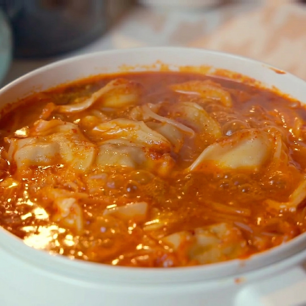 Une casserole bouillante de soupe piquante au kimchi et aux raviolis garnie de graines de sésame blanc et doignons verts hachés.