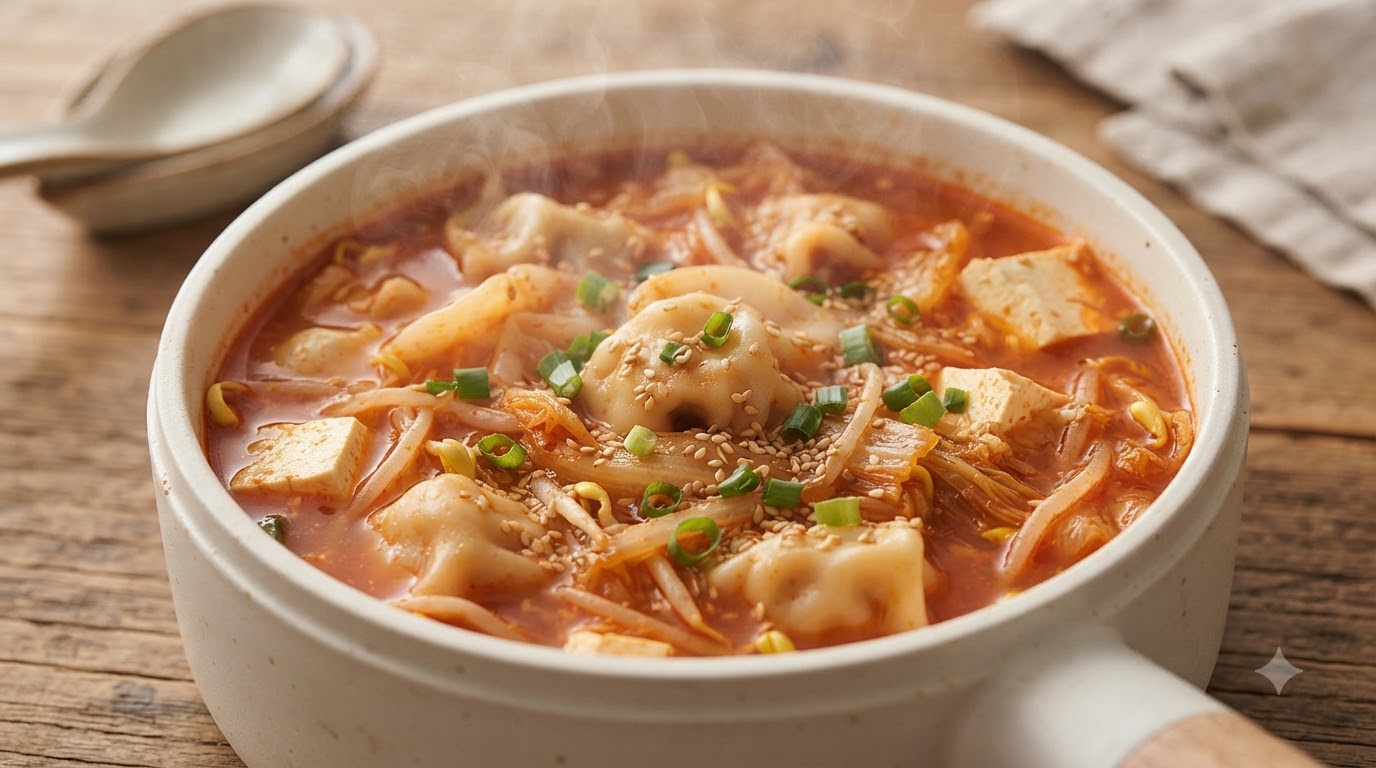 Soupe Coréenne Piquante au Kimchi et aux Raviolis (Mandu-guk)