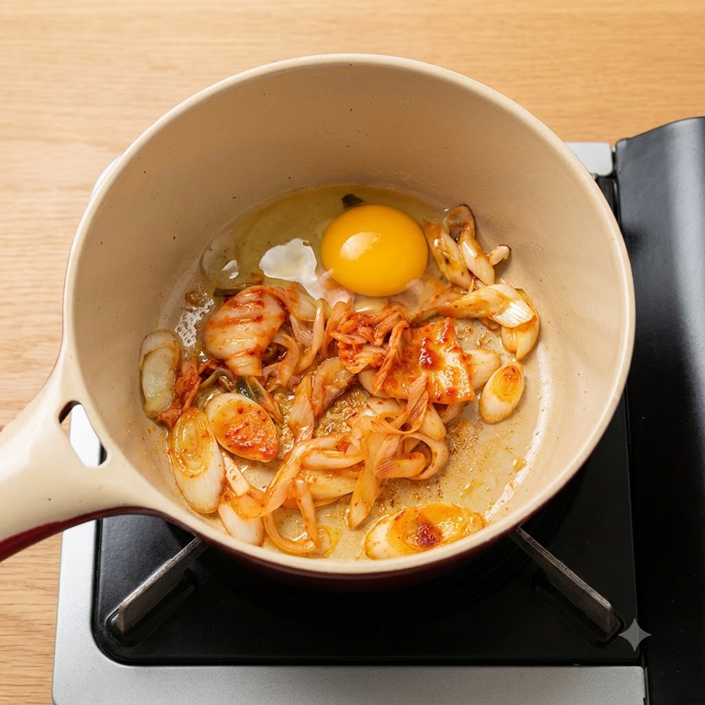 Deux œufs entiers cassés dans une marmite au milieu du kimchi et des ciboules sautés.