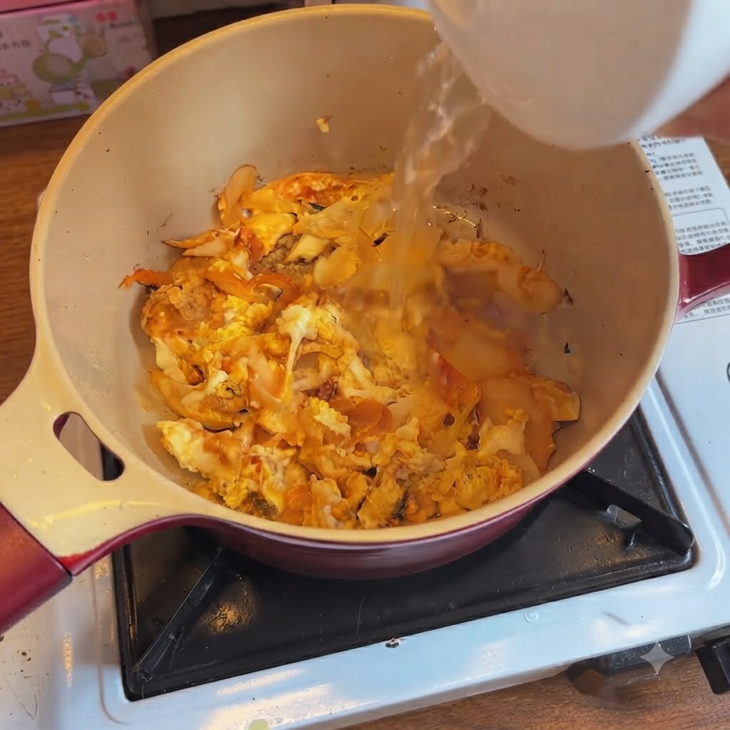 De leau chaude versée dun pichet blanc dans la marmite contenant le kimchi et les œufs cuits.
