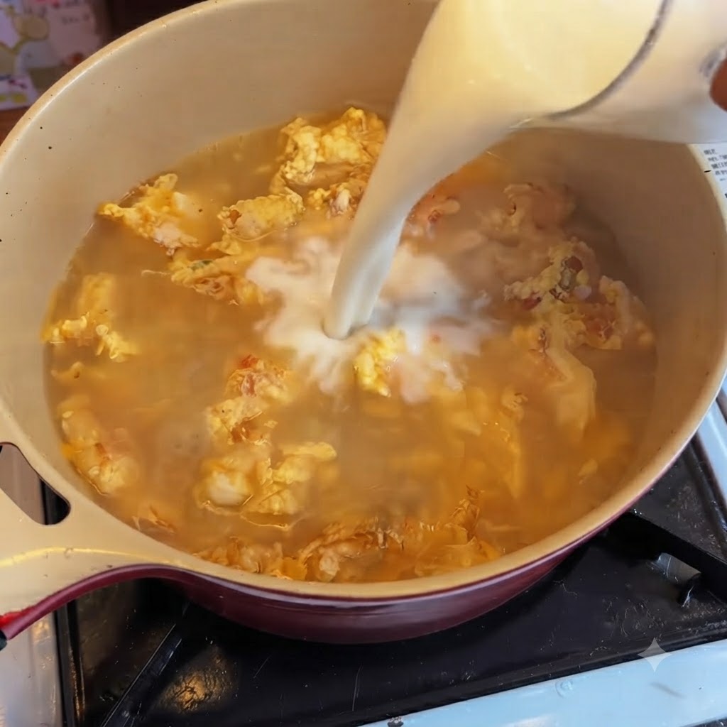 Du lait versé dune tasse dans la marmite de soupe frémissante, créant un tourbillon trouble.