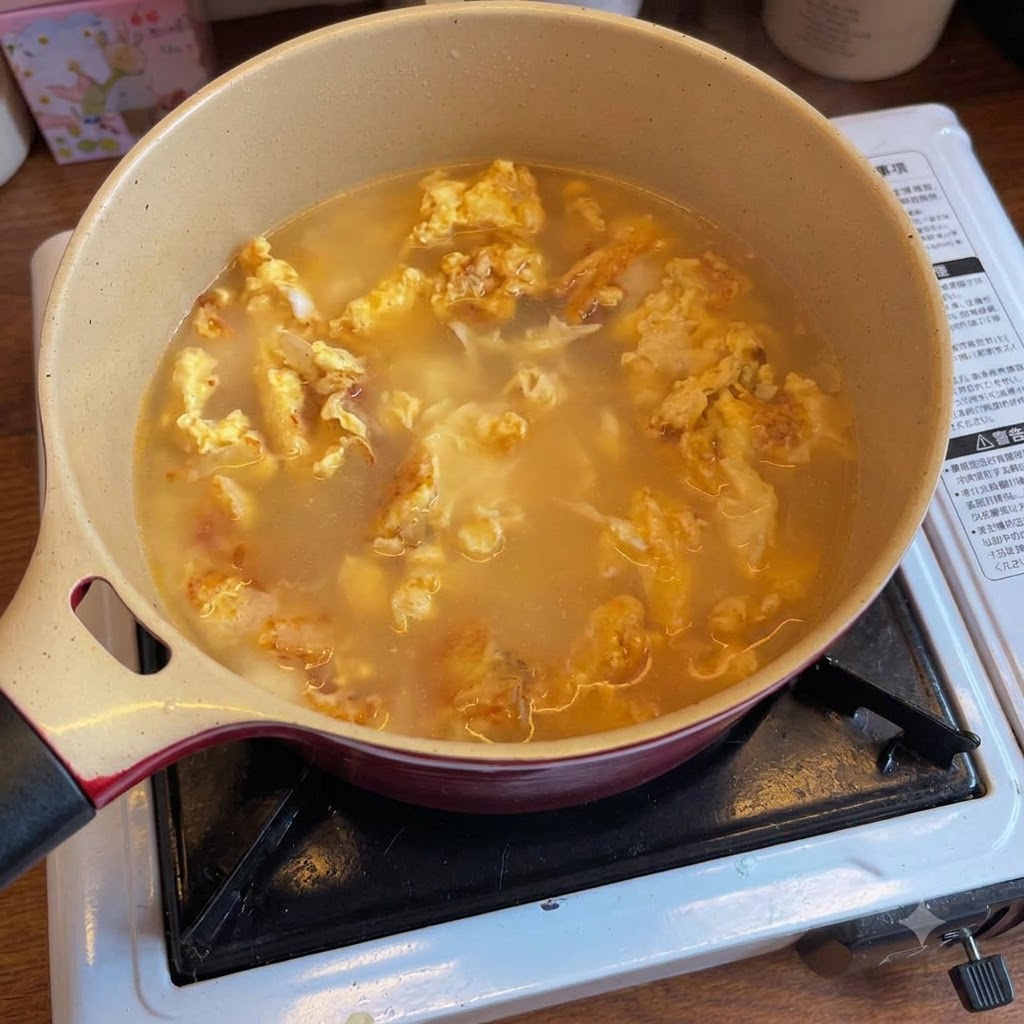 Une marmite de bouillon clair assaisonné avec les ingrédients cuits frémissant sur la cuisinière.