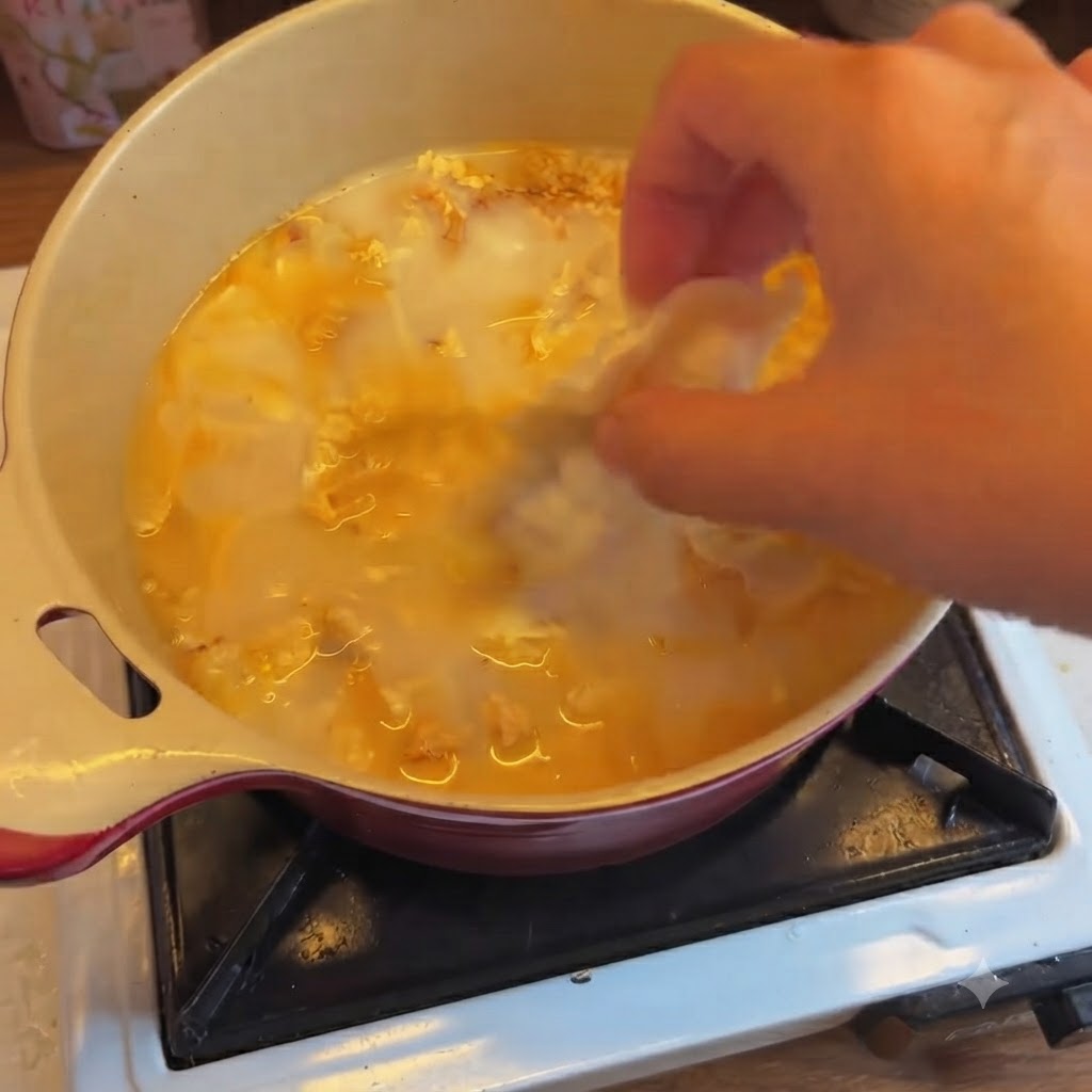 Une main déposant un ravioli au kimchi dans une marmite de base de soupe orangée et laiteuse frémissante.