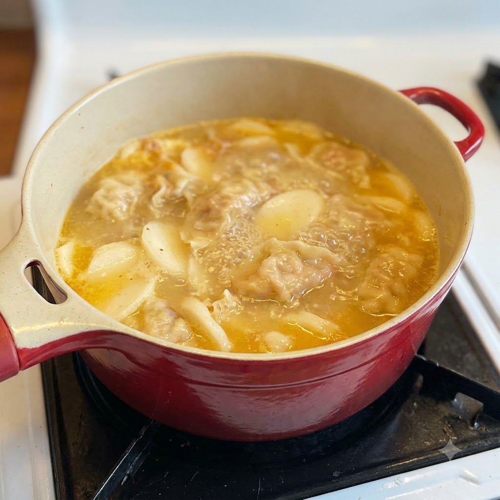 Des gâteaux de riz en tranches et des raviolis au kimchi bouillant ensemble dans une riche base de soupe orange à lintérieur dune marmite rouge.