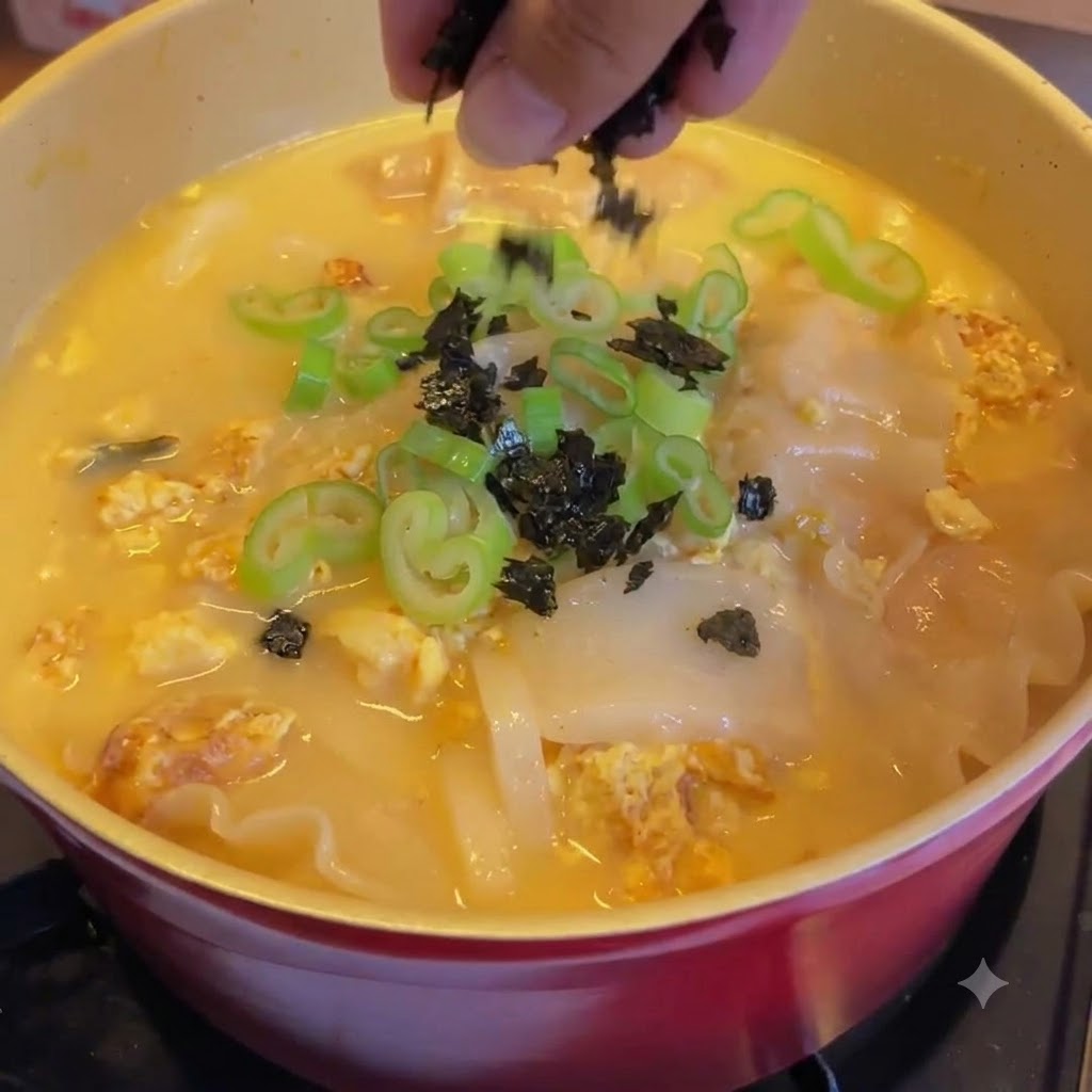 Une main saupoudrant des algues émiettées sur des ciboules vertes fraîches couronnant une riche soupe aux raviolis, gâteaux de riz et kimchi.