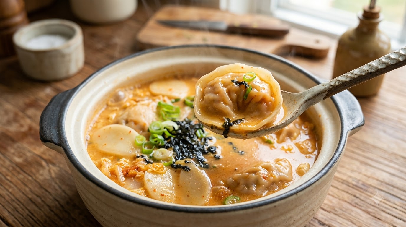 Soupe Crémeuse aux Gâteaux de Riz et Raviolis au Kimchi