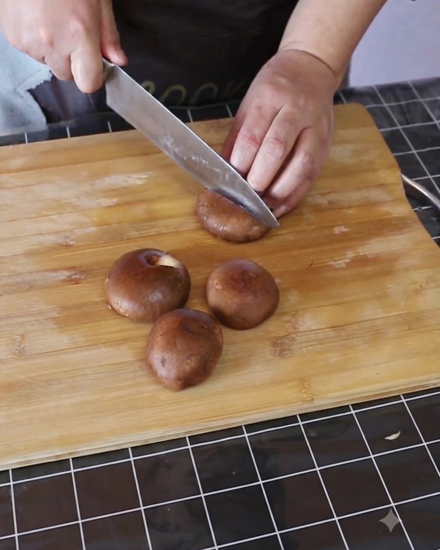 Champignons shiitake entiers coupés en morceaux sur une planche à découper en bois.