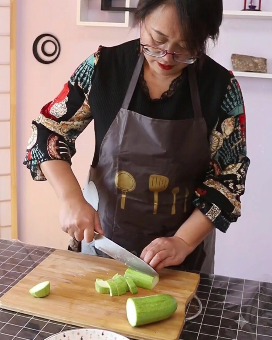 Courgette verte coupée en morceaux sur une planche à découper en bois.