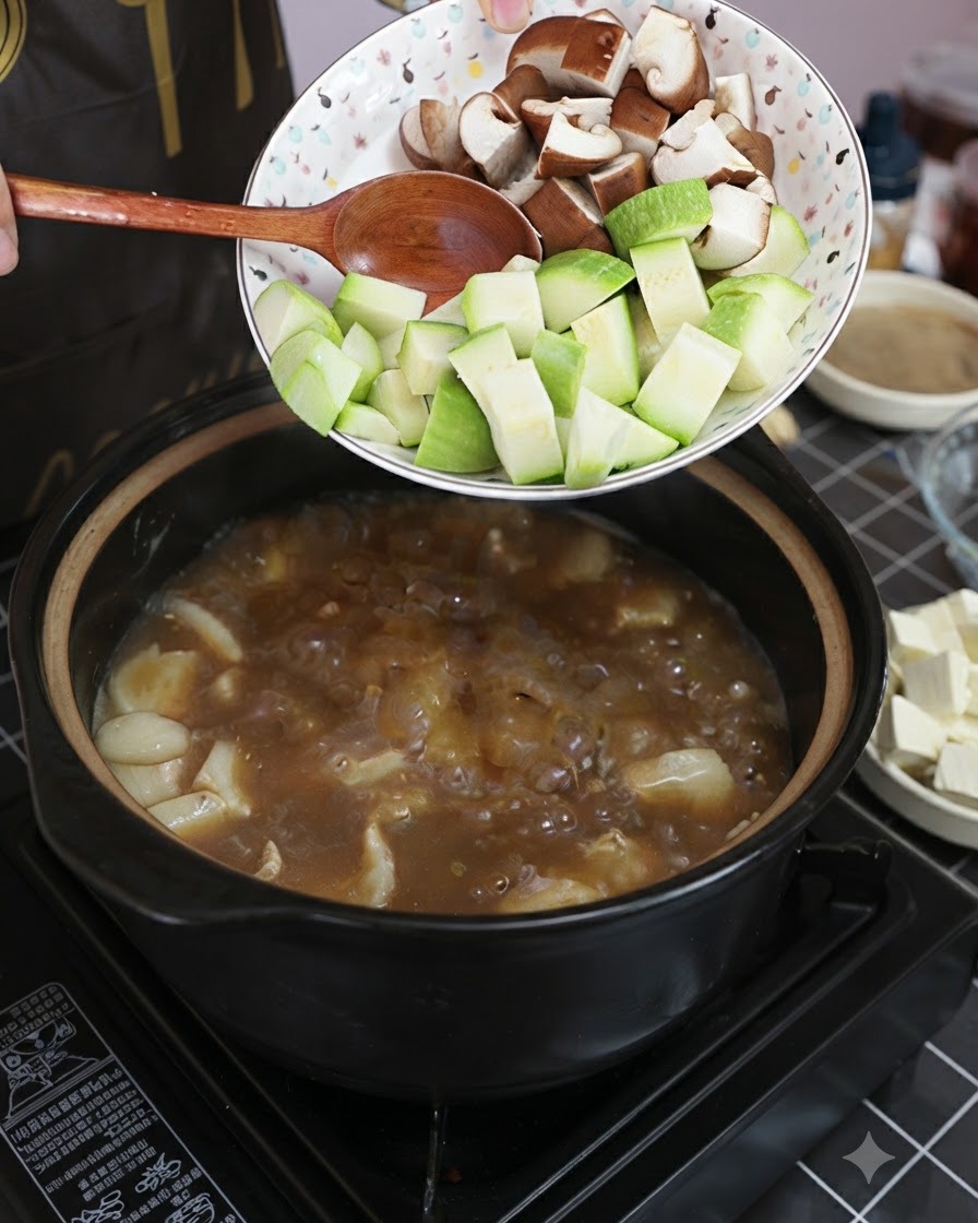 Courgettes tranchées et champignons shiitake versés dans la soupe bouillante à partir dun bol à motifs.