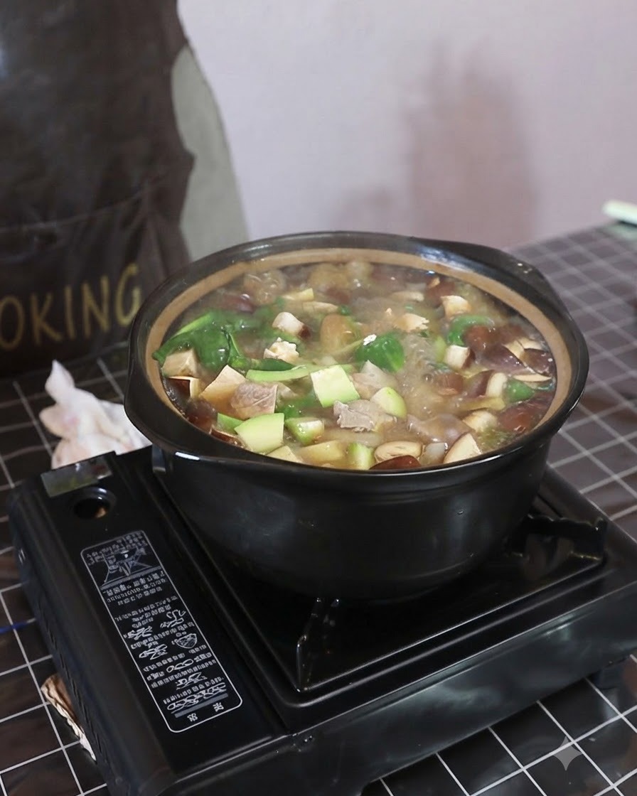 Une cuillère de poudre dassaisonnement blanche versée dans la casserole bouillante.
