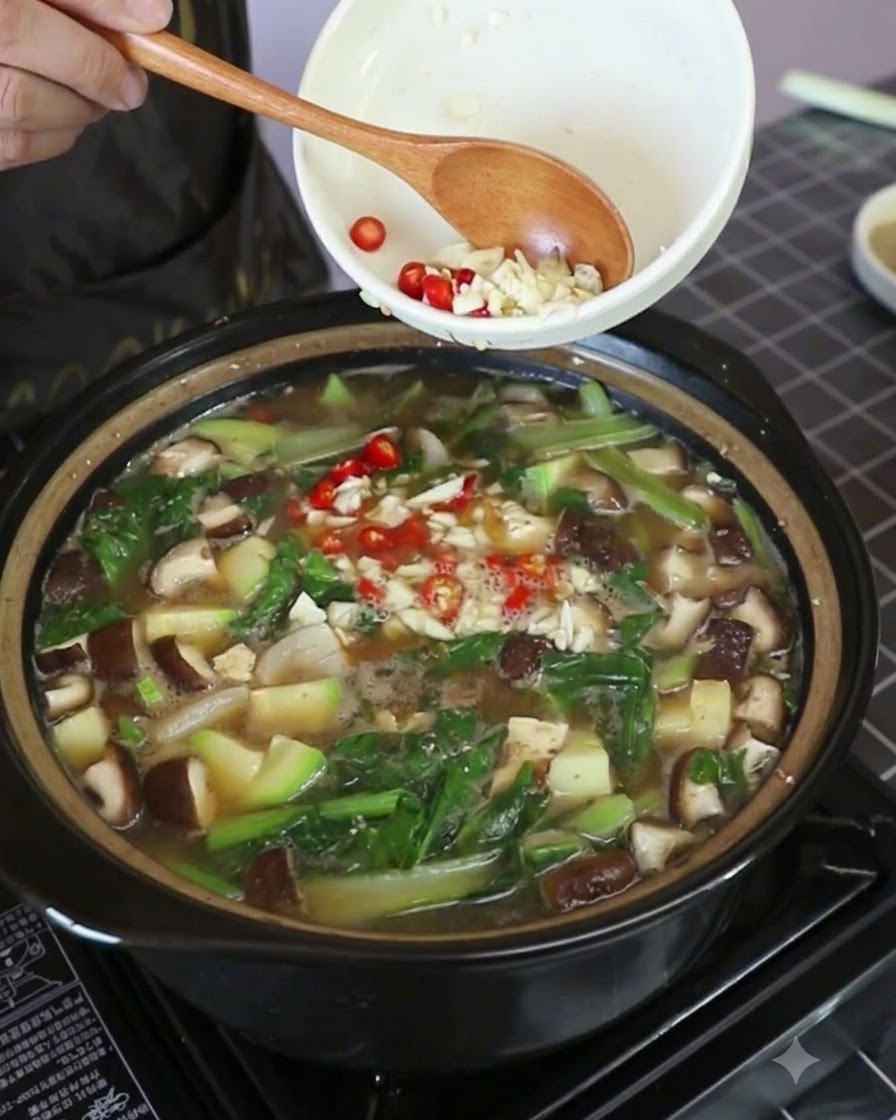 Ail haché et anneaux de piment rouge thaï versés dun bol blanc dans la casserole de soupe fumante.