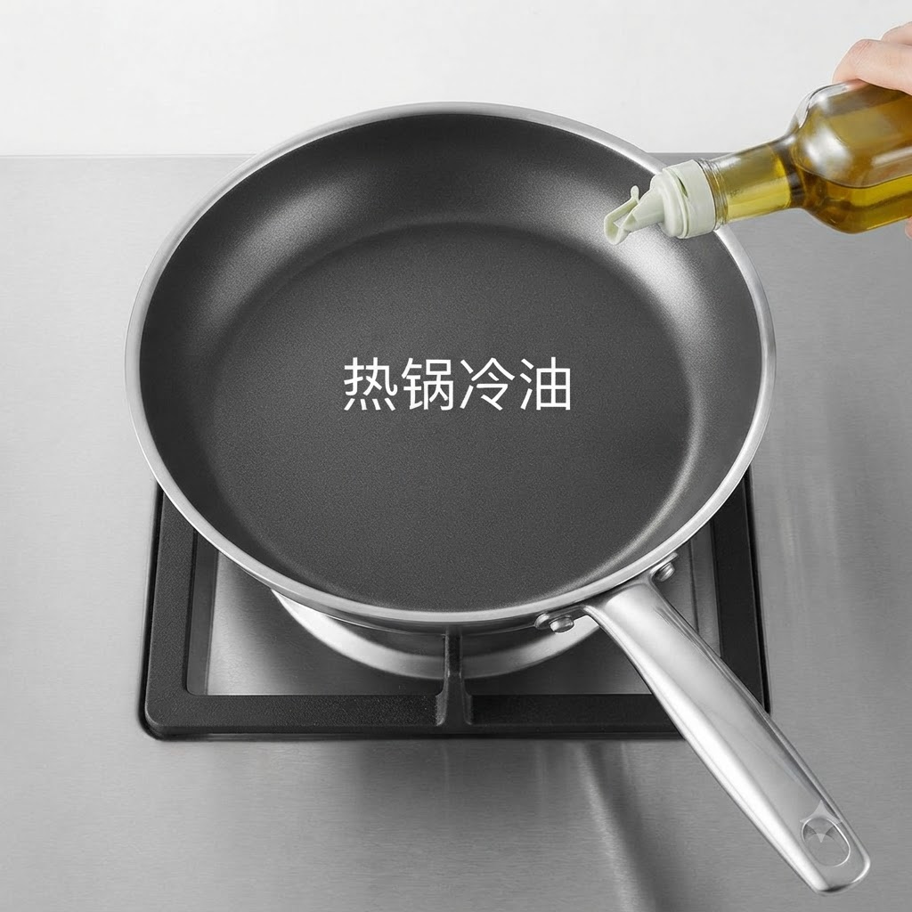 Huile de cuisson versée dune bouteille dans une poêle chauffée sur une cuisinière.