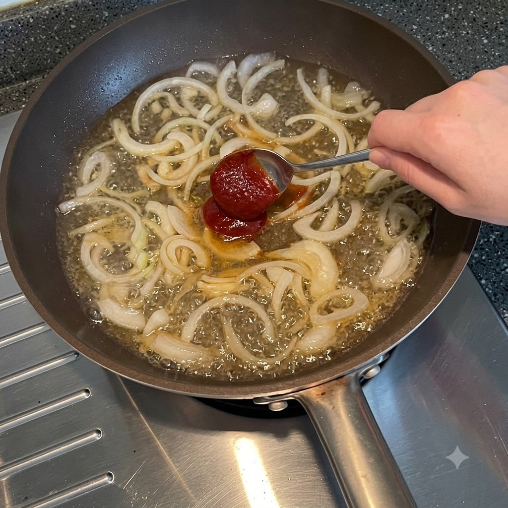 Une cuillerée de pâte de piment coréenne ajoutée dans une poêle deau bouillante et doignons tranchés.