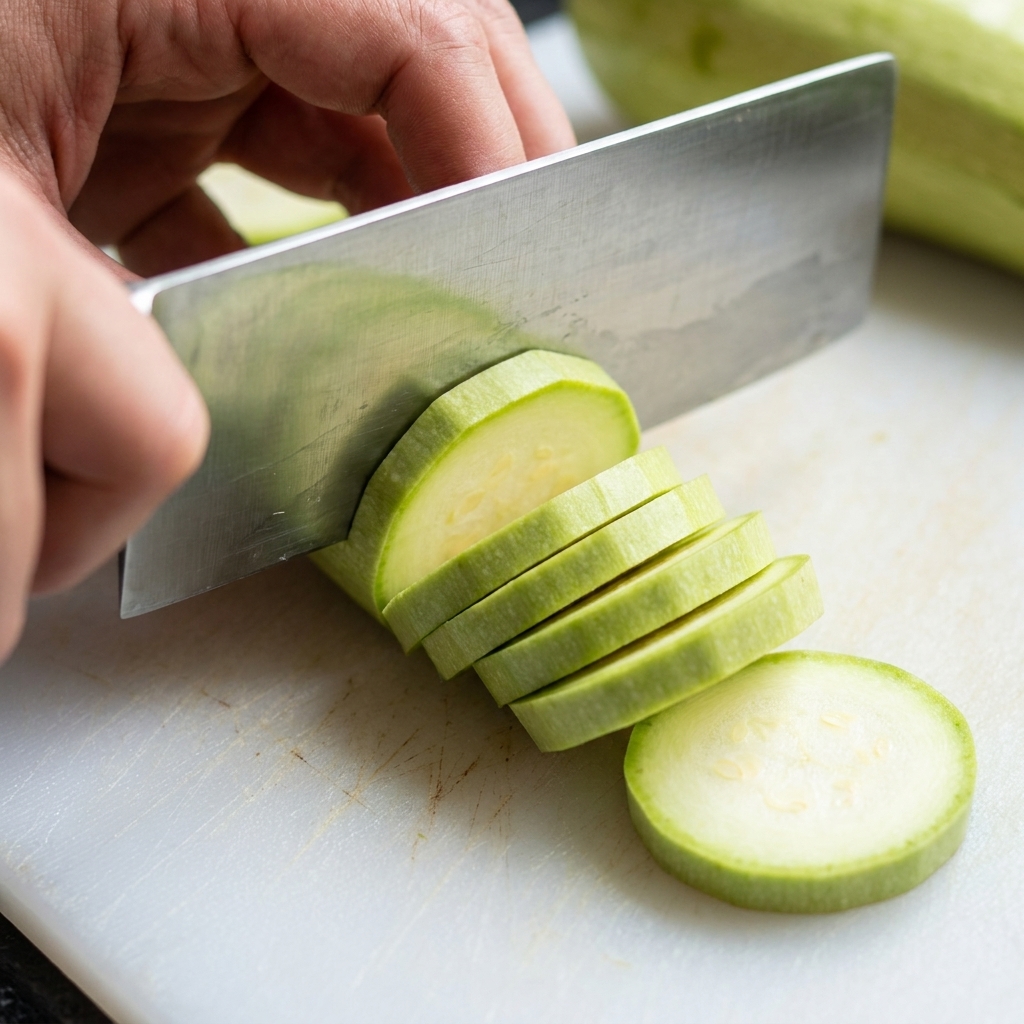 Un couteau coupant une courgette en rondelles sur une planche à découper blanche.