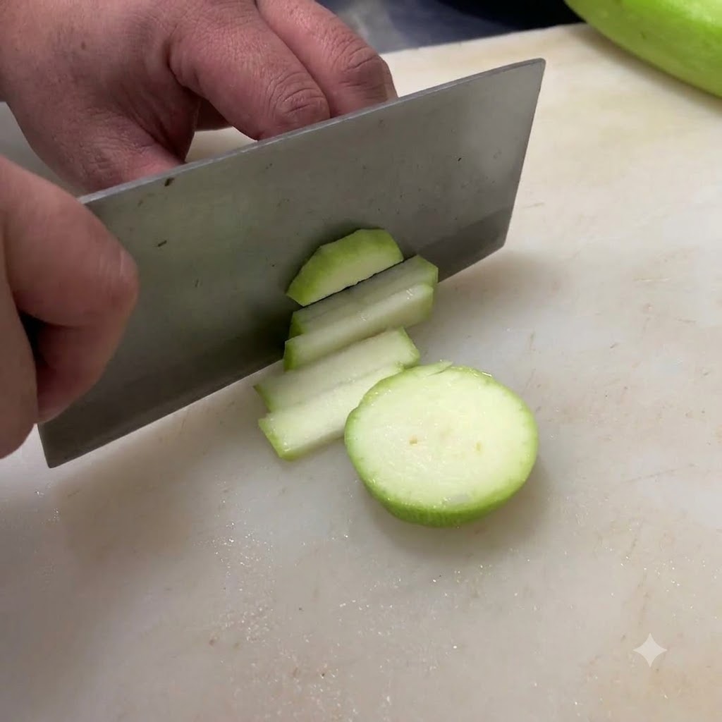 Un couteau coupant une carotte en fines tranches sur une planche à découper blanche.