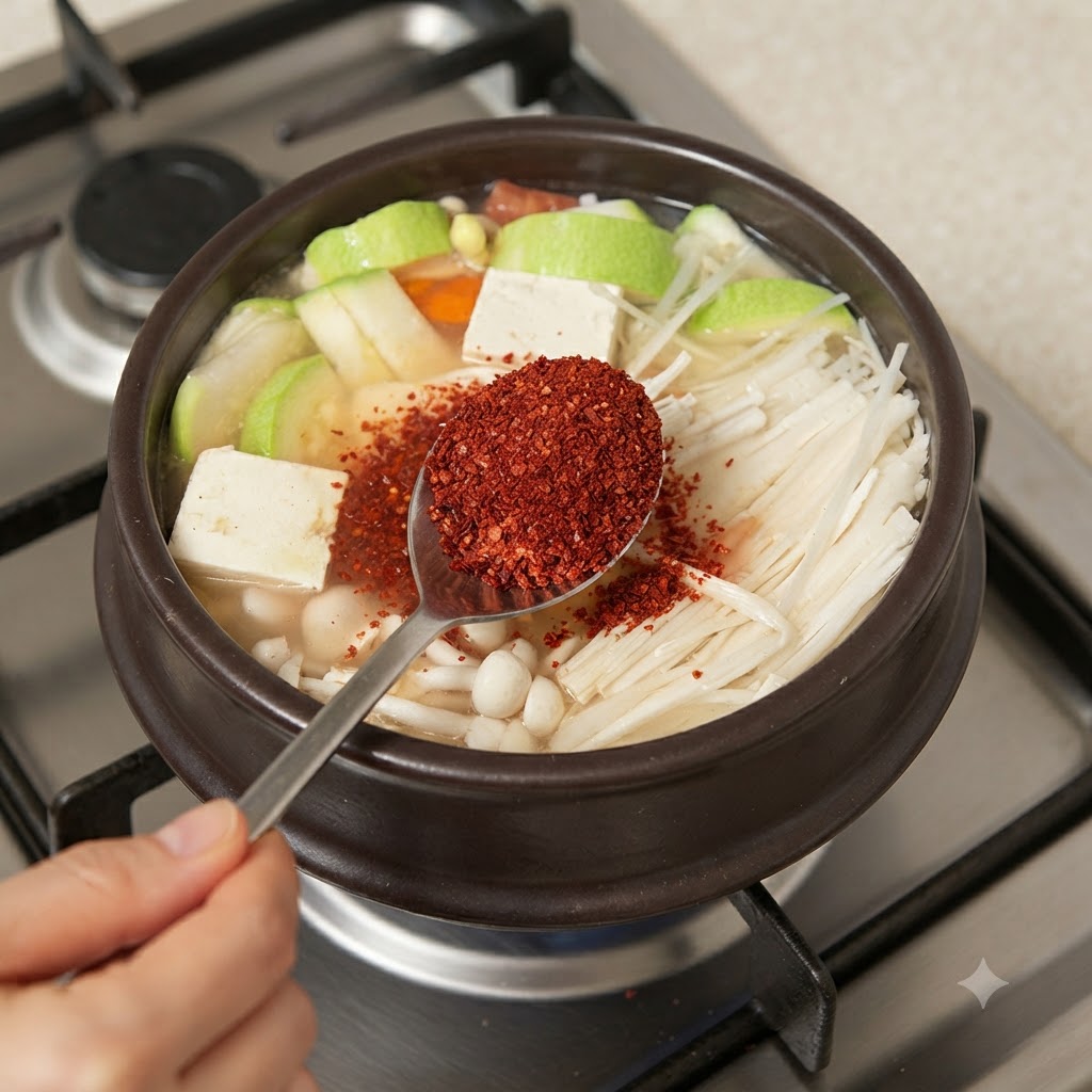 Une cuillère remplie de piment en poudre rouge vif ajoutée dans la casserole du ragoût frémissant.