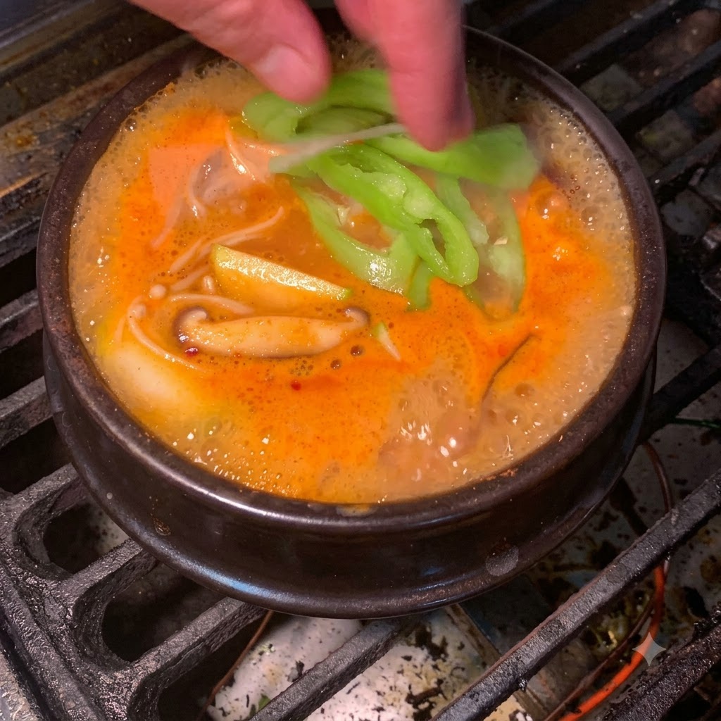 Des tranches de piment vert frais jetées dans le ragoût de pâte de soja coréen rouge orangé bouillant.