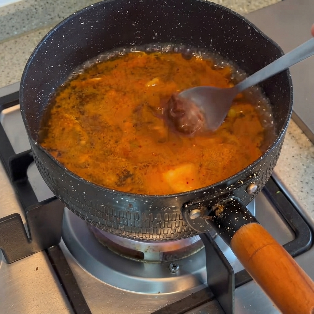 Une cuillère de pâte de soja coréenne en train dêtre incorporée dans un bouillon orange frémissant.