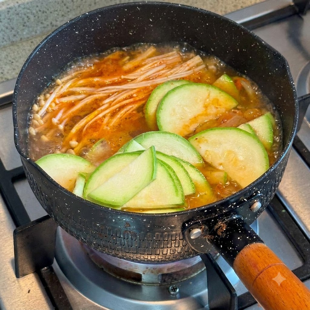 Sauce soja versée par le dessus dans une casserole bouillante de ragoût de kimchi contenant des champignons enoki et des tranches de courgette.