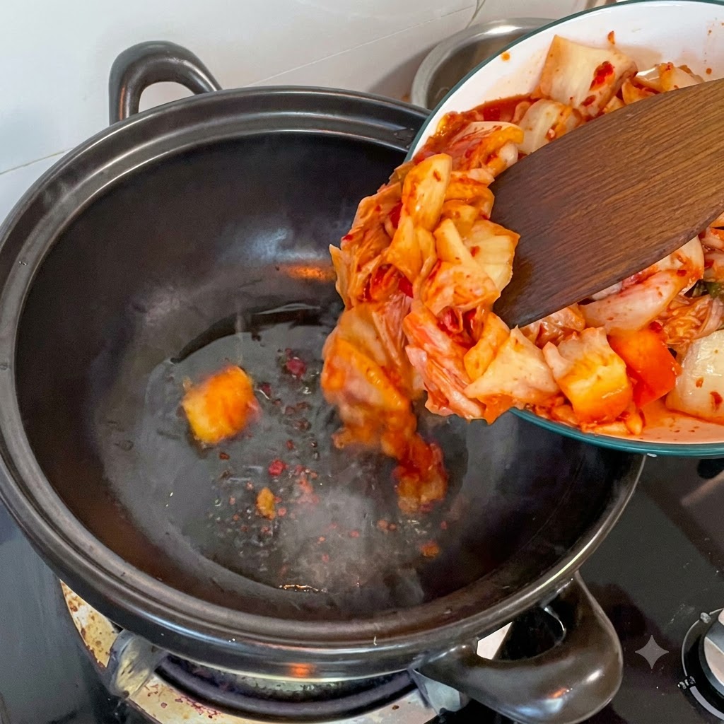 Des morceaux de kimchi coupés raclés dune assiette dans une casserole sombre et chaude à laide dune spatule en bois.