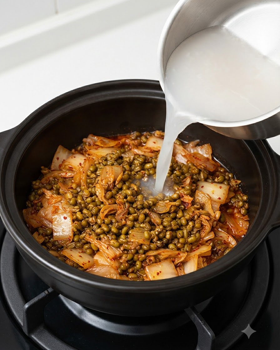 De leau de lavage de riz blanche et trouble versée dune casserole en acier dans une casserole sombre contenant du kimchi et des graines de soja fermentées.