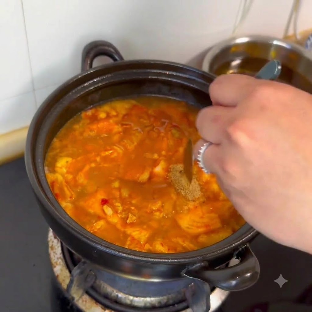 De la poudre de bœuf et des assaisonnements ajoutés dans la casserole de ragoût frémissante à laide dune petite cuillère.