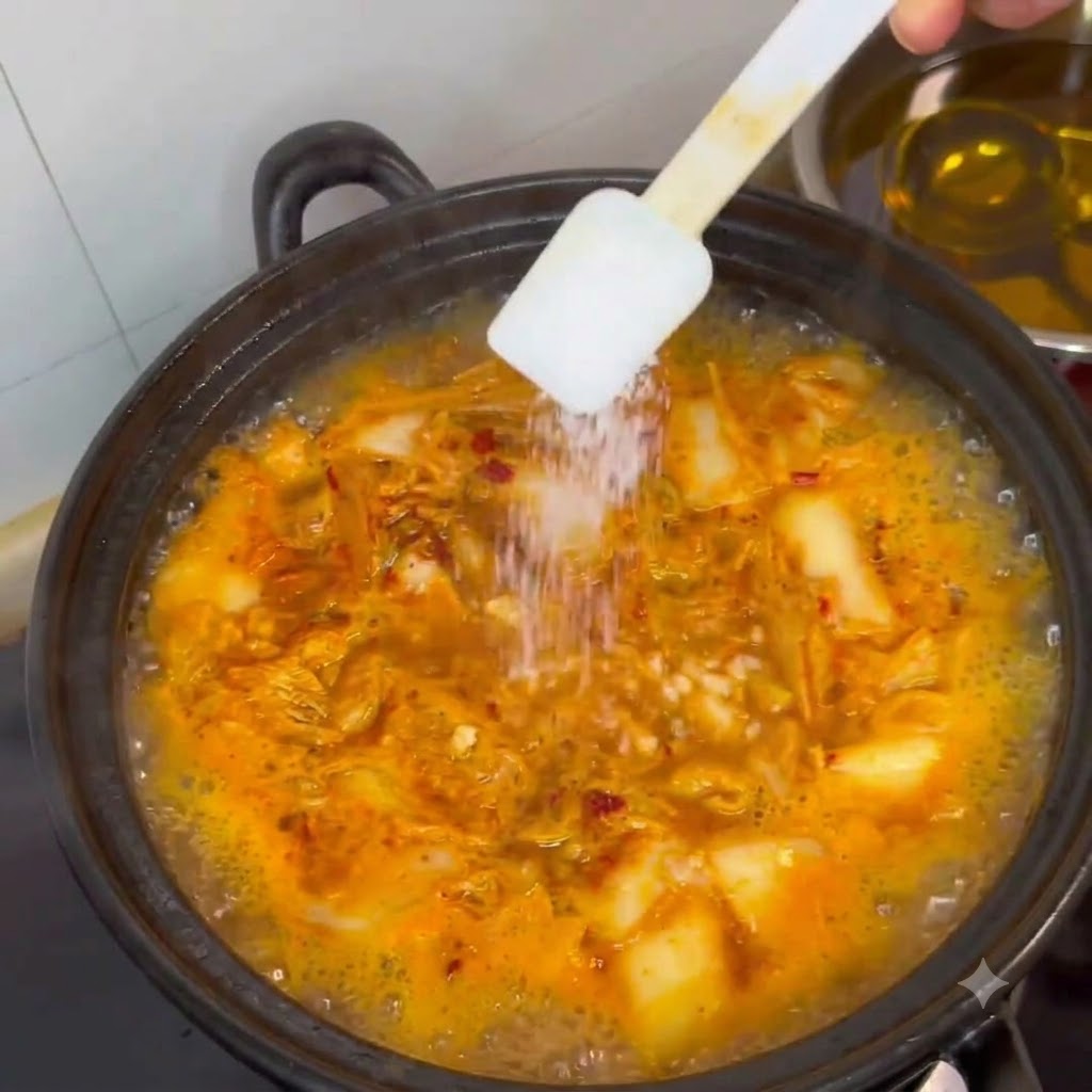 Des cubes de tofu ajoutés dune assiette blanche dans la casserole de ragoût frémissante.