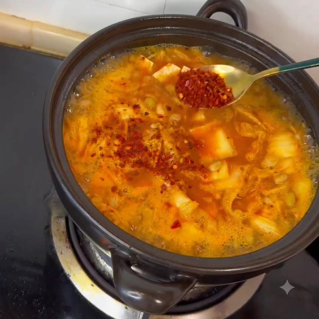 De la poudre de piment ajoutée dans la casserole de soupe à laide dune petite cuillère.