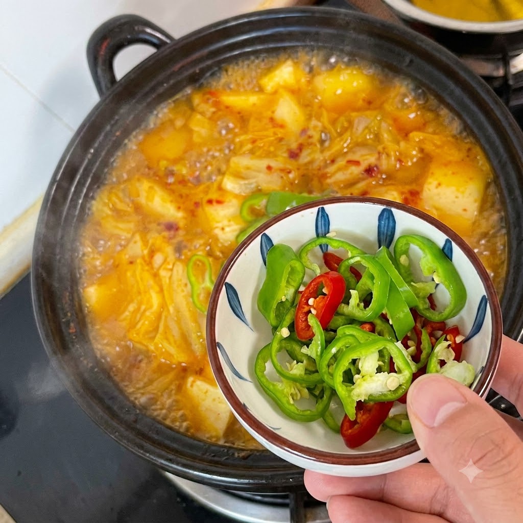 Des rondelles de piment vert et rouge tranchées dans un bol prêtes à être ajoutées dans la soupe bouillante.