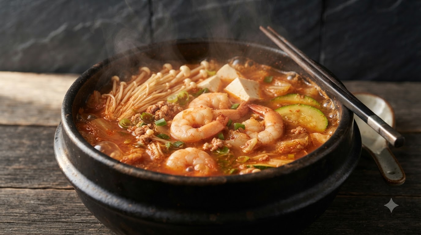 Une marmite bouillonnante de soupe coréenne de pâte de soja au kimchi remplie de crevettes géantes, de tofu, de champignons enoki et de légumes