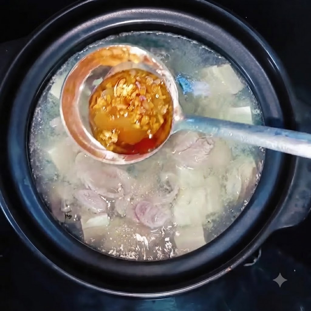 Une louche contenant de lhuile de ciboule et des assaisonnements tenue au-dessus dune casserole de soupe dhuîtres et de tofu frémissante.