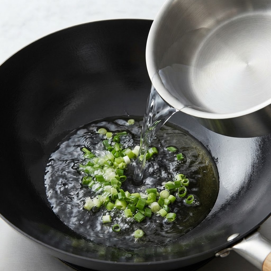 De leau claire versée dun récipient en métal dans un wok noir contenant des oignons verts.