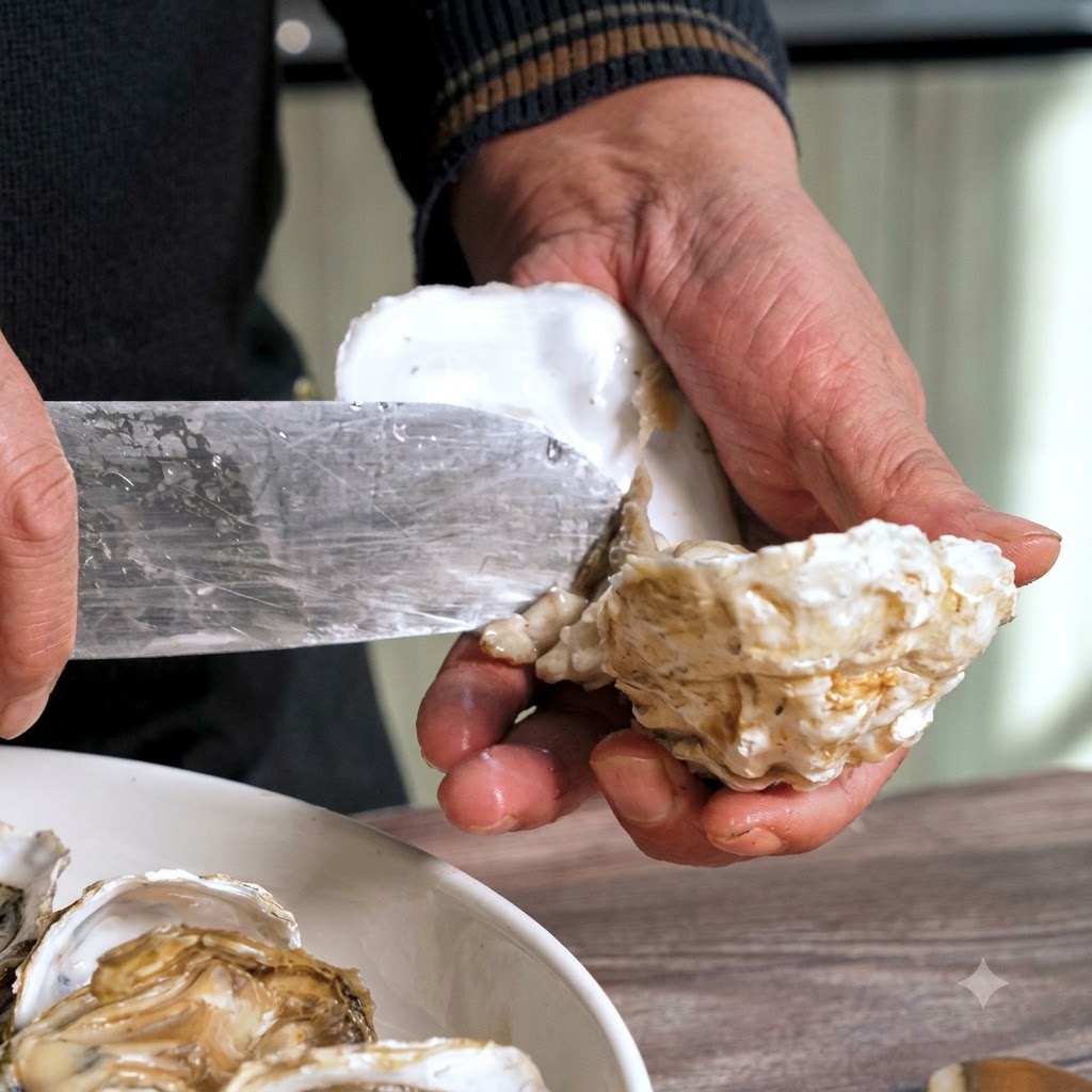 Une vue rapprochée de mains tenant une coquille dhuître et utilisant un couteau pour retirer la chair fraîche de lhuître.