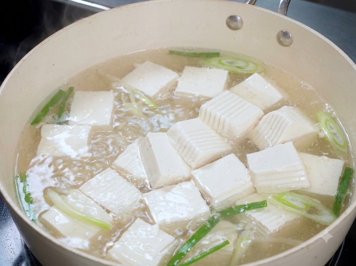 Des cubes de tofu blanc soyeux mijotant dans de leau bouillante avec de la ciboule et du gingembre.