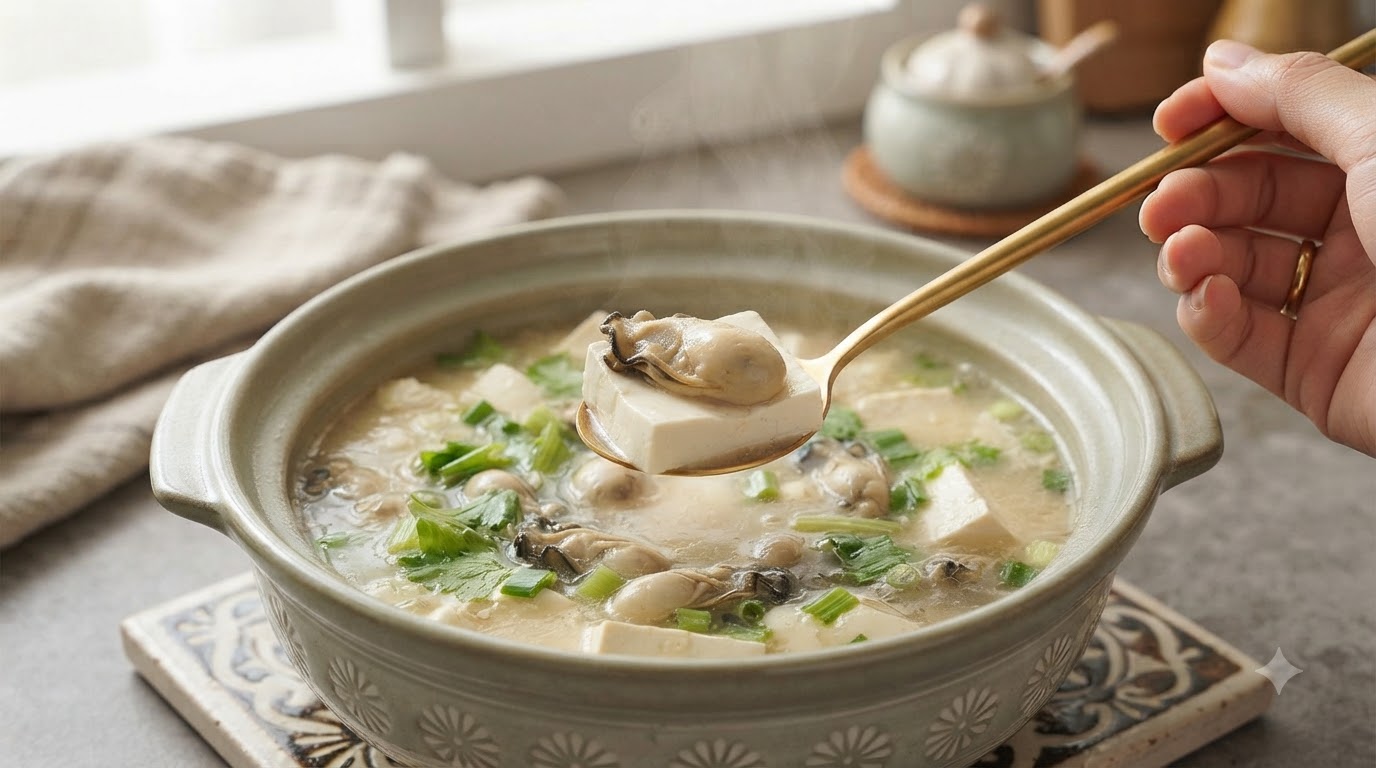 Une cuillère dorée soulevant un cube de tofu blanc soyeux garni dune huître cuite et charnue provenant dune casserole de bouillon bouillant avec des herbes vertes.