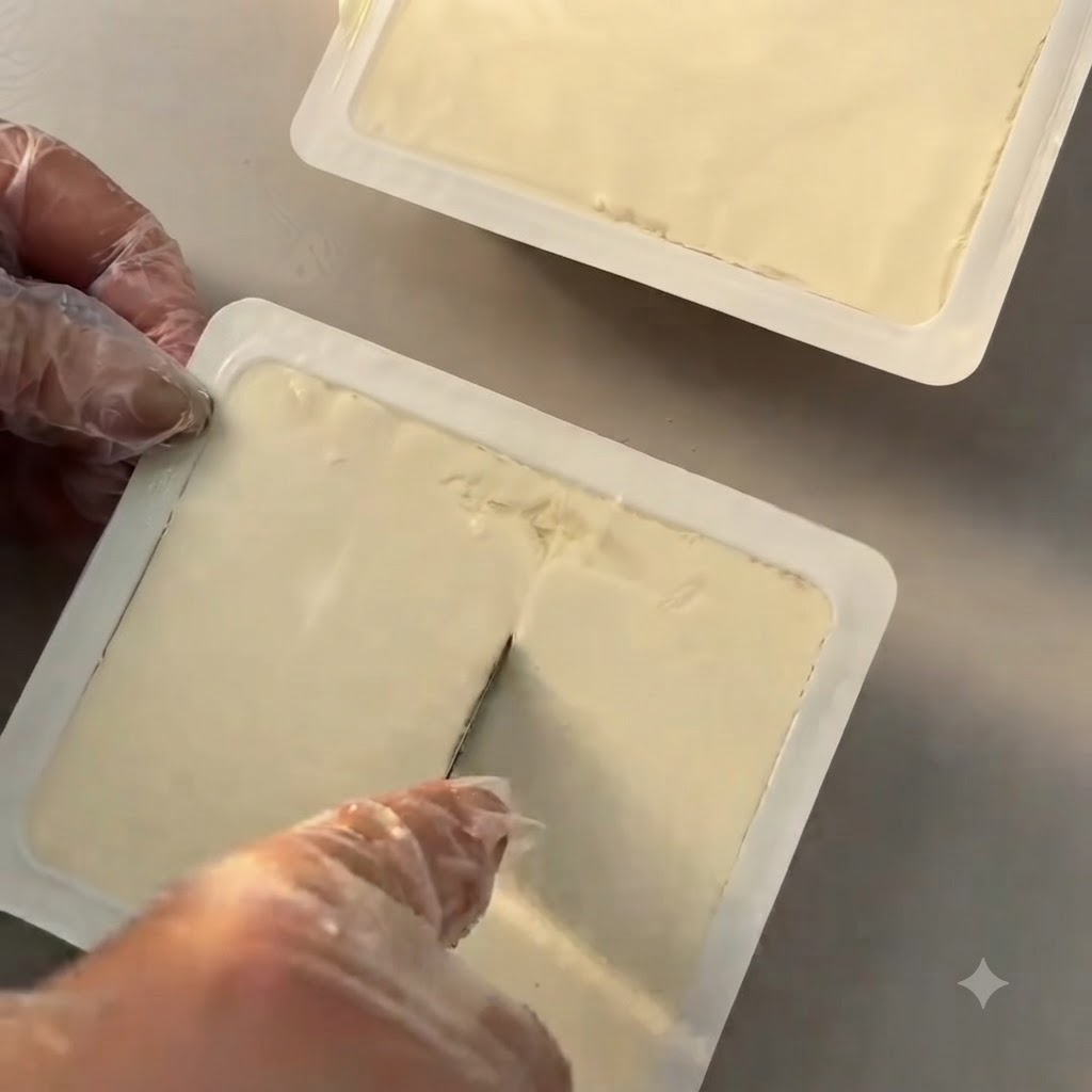 Du tofu soyeux dans son emballage en plastique en train dêtre coupé en petits carrés avec un couteau.
