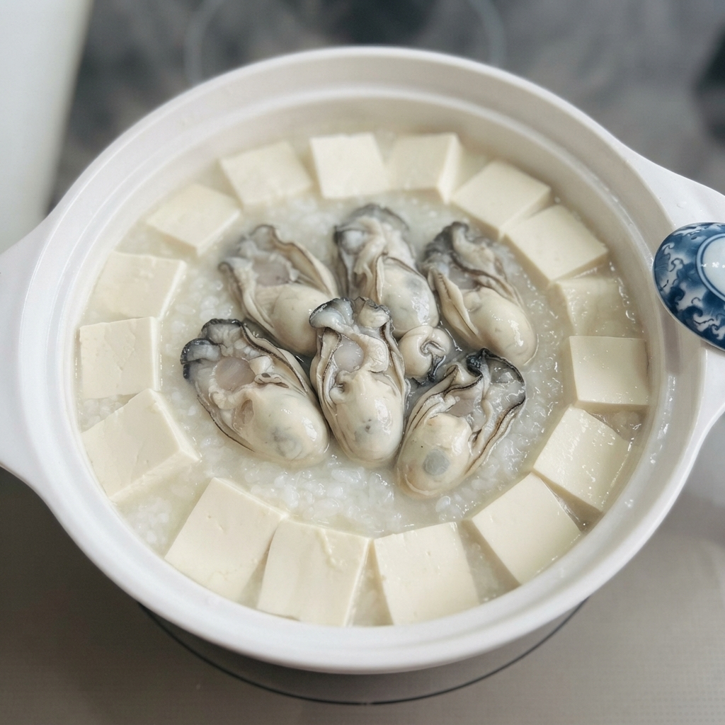 Des huîtres et du tofu mijotant ensemble dans une casserole en céramique blanche.