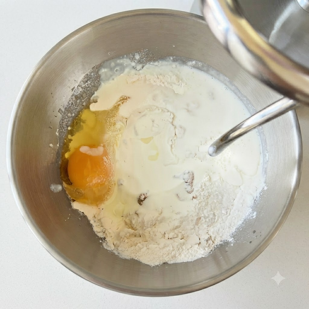 Bol de robot pâtissier contenant de la farine, un œuf cassé et du lait, prêt à être mélangé.