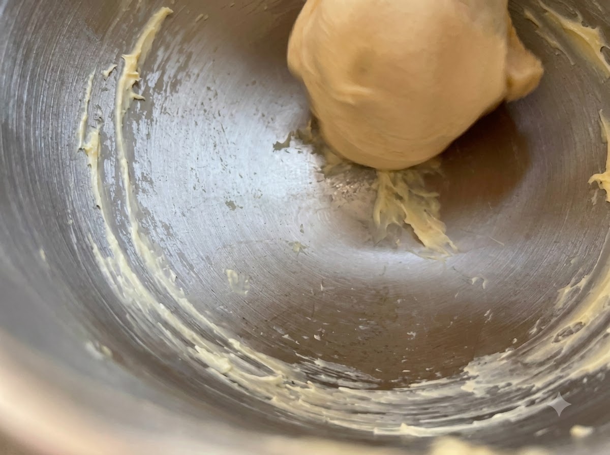 Boule de pâte lisse reposant dans un bol en métal avec des traces de beurre sur les côtés.