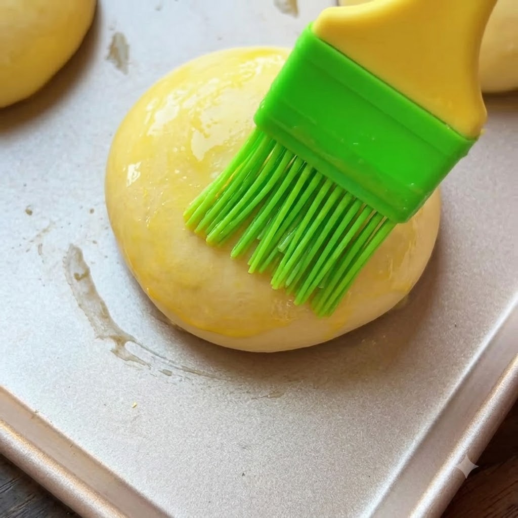 Pinceau en silicone vert étalant une dorure à lœuf sur un pain levé disposé sur une plaque.