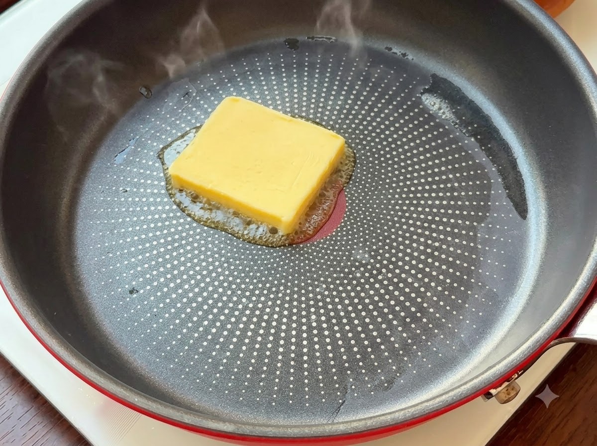 Un carré de beurre jaune fondant au centre dune poêle antiadhésive chaude.
